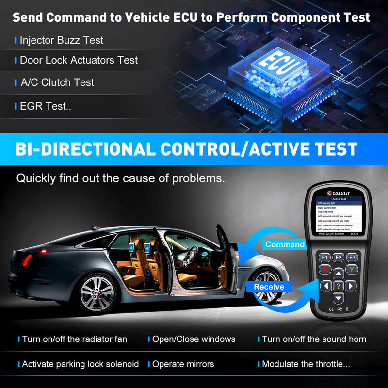 SC530 Bi-directional scan tool sends commands to the vehicle ECU for component testing, which helps to quickly find out the cause of the problem.