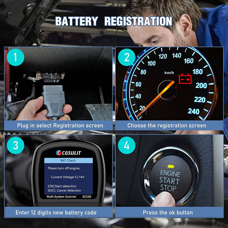 CGSULIT SC530 Battery Registration Tool: Evaluate the battery charge state, monitor the close-circuit current, register the new battery replacement, and activate the rest state of the vehicle battery system. Clear faults from the dashboard.