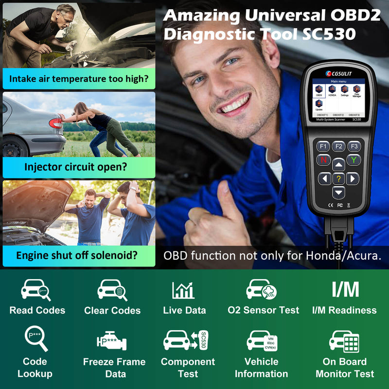 SC530 honda OBDII code reader support 10 OBD2 modes. It quickly turns off the Check Engine Light(MIL) and helps you pass the smog check.