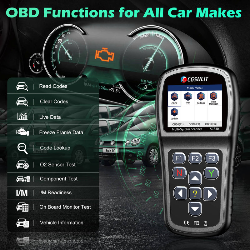 SC530 vag OBDII code reader support 10 OBD2 modes. It quickly turns off the Check Engine Light(MIL) and helps your car pass the smog check.